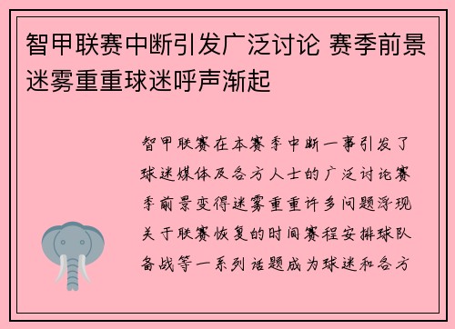 智甲联赛中断引发广泛讨论 赛季前景迷雾重重球迷呼声渐起